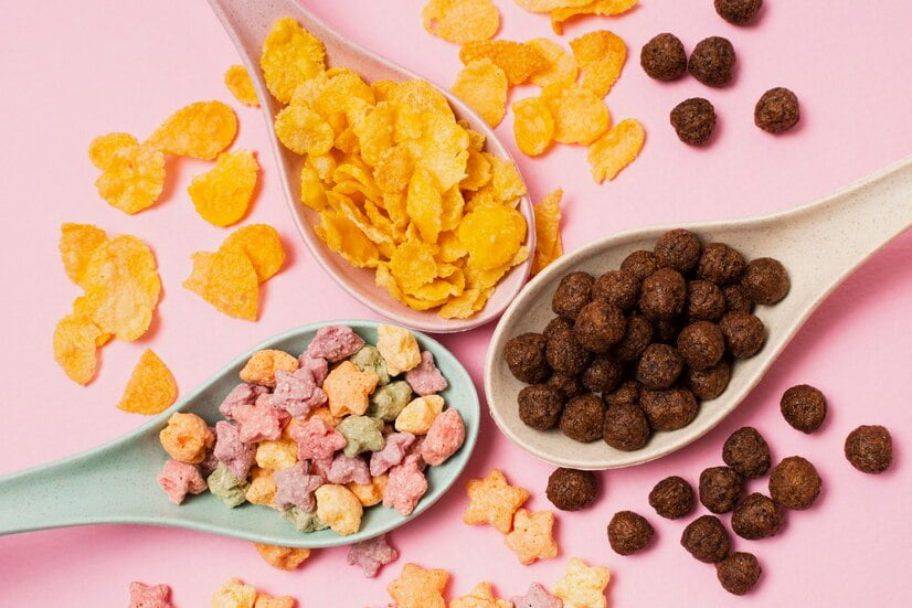 three plastic spoons with cereals food safe flavors