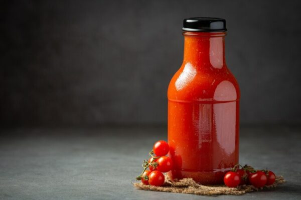 botol sambal tomat dengan perisa buatan disertai cherry tomato di sebelahnya sebagai konsistensi rasa